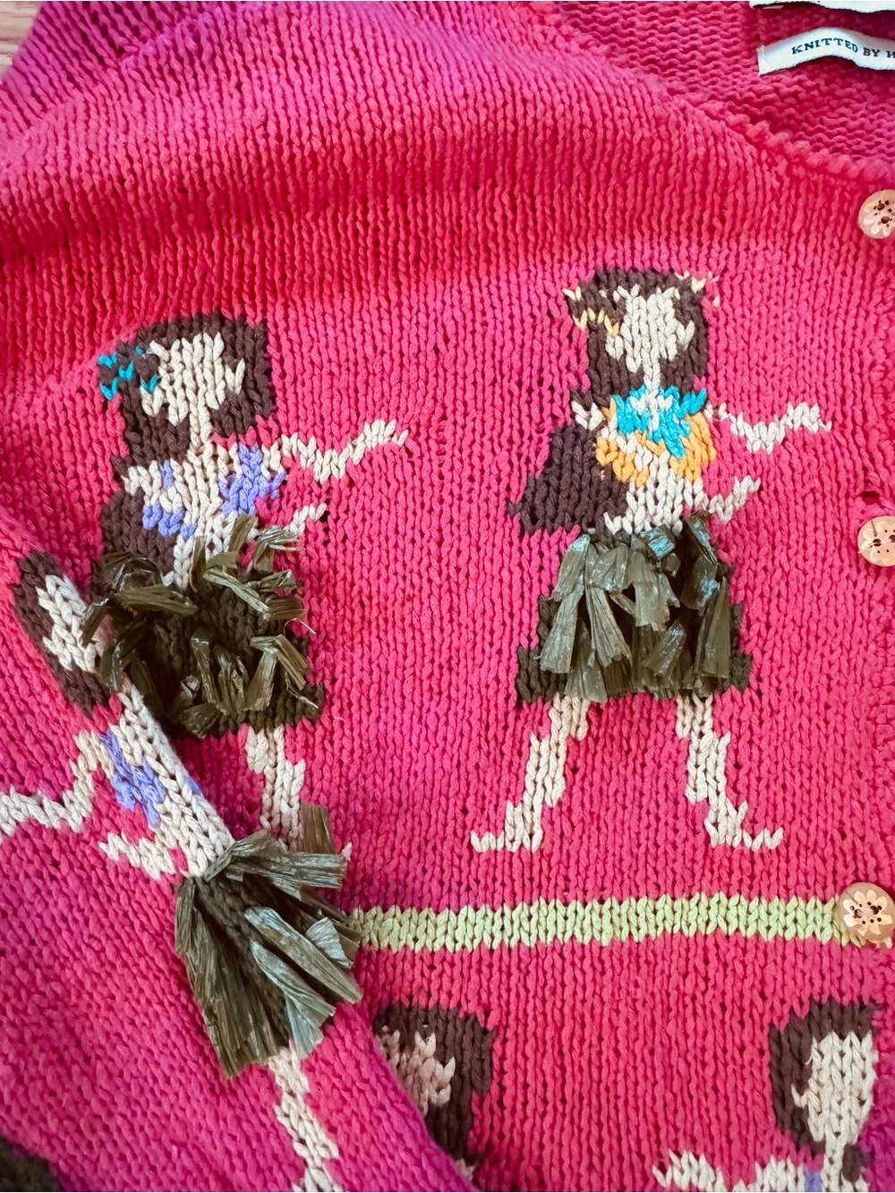 Vintage 90s Cotton Linen David Brooks Hula Dancer Girl Cardigan Sweater Pink XL - Picture 2 of 7